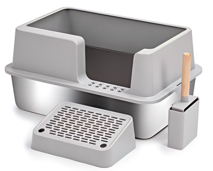 High-Sided Stainless Steel Cat Litter Box with Step & Scoop Holder