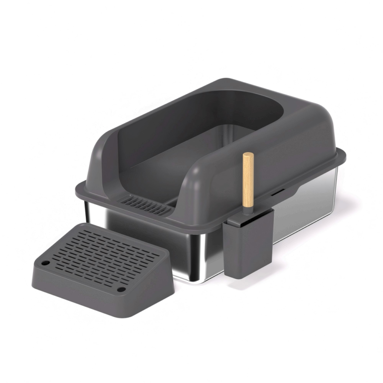 Stainless Steel Cat Litter Box with High Sides, Scoop Holder & Anti-Tracking Step