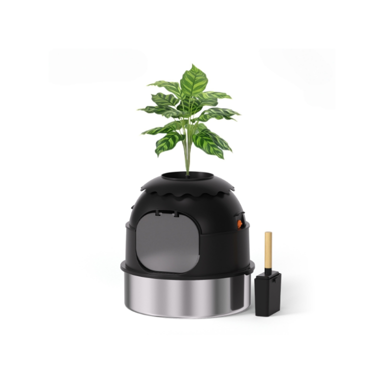 Hidden Cat Litter Box Furniture with Decorative Flower Planter and Stainless Steel Tray