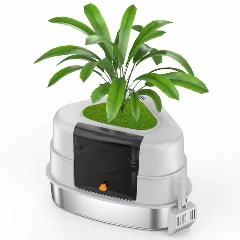 Hidden Cat Litter Box Furniture with Faux Plant and Stainless Steel Tray