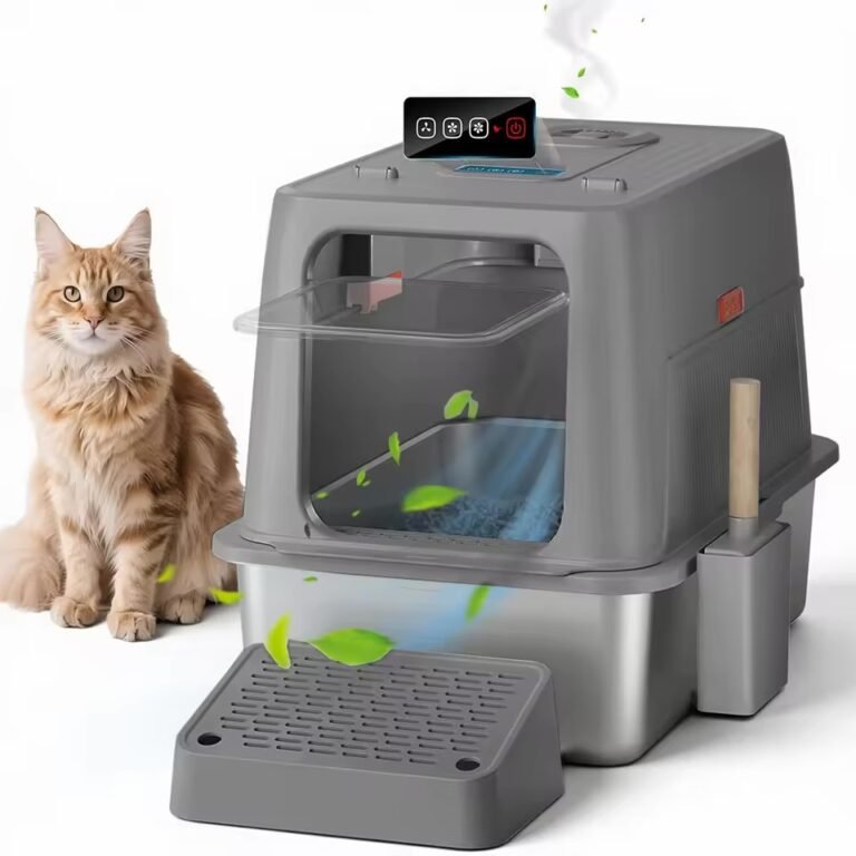 Negative Ion Stainless Steel Enclosed Cat Litter Box with Odor Control, Anti-Tracking Step & Pull-Out Drawer