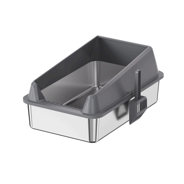 Sloped Low Entry Stainless Steel Cat Litter Box with High Back and Scoop